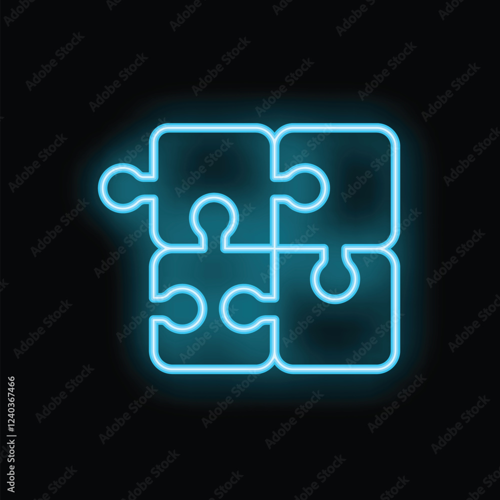 Aufkleber four neon blue puzzle pieces are assembling to form a bigger square, illustrating the concept of pro