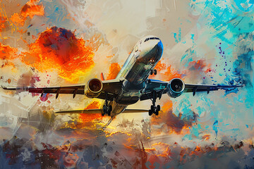 Capture the evolution of flight through abstract art with a side view perspective, blending aviation milestones in vivid colors and shapes Use acrylic or digital rendering techniques for a modern twis