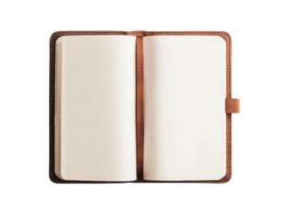 A blank, open dot grid notebook with a brown leather cover is shown ready for writing or sketching.