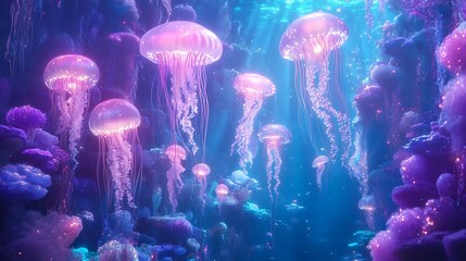 Bioluminescent Jellyfish Swimming in a Dark Blue Ocean