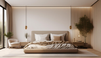 Bedroom Wall Mockup Template, 3d Render Wall Mockup, minimalist style bedroom with neutral and white