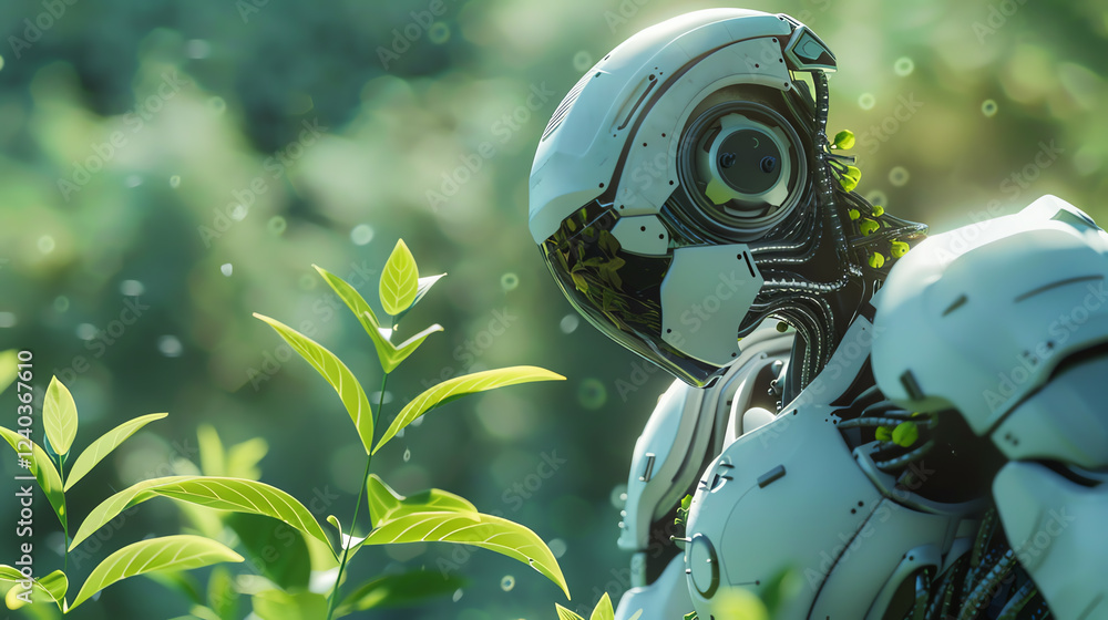Poster capture the futuristic scene of robotic gardening through a captivating eye-level angle show intrica