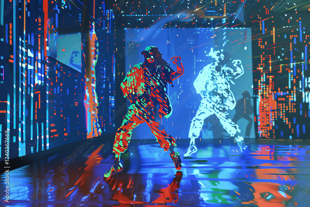 Poster capture the fusion of robotic dance moves and holographic projections in a dynamic pixel art scene