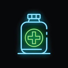 Obraz premium Glowing neon line medicine bottle and medical services icon isolated on black background