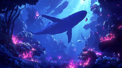 Obraz premium A Whale Swims Through A Bioluminescent Underwater Cave