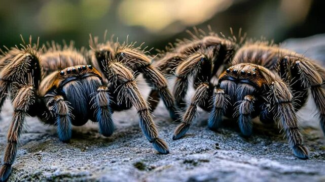 Two close-up tarantulas resting on a rocky surface, showcasing their detailed fur and features.