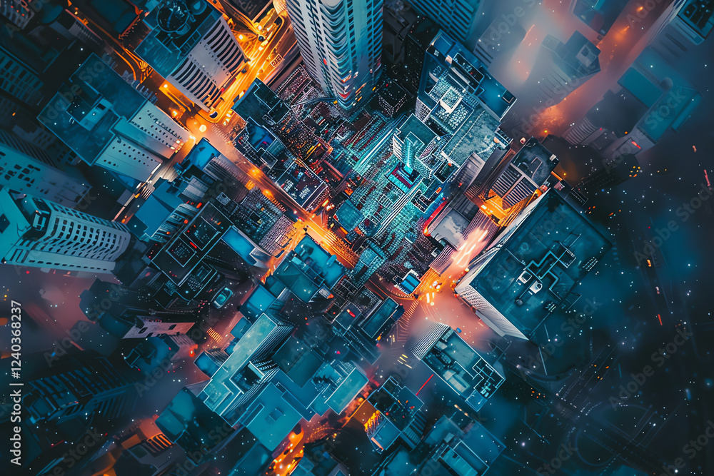 Poster capture the intricacies of futuristic technologies in a birds-eye view using abstract art techniques