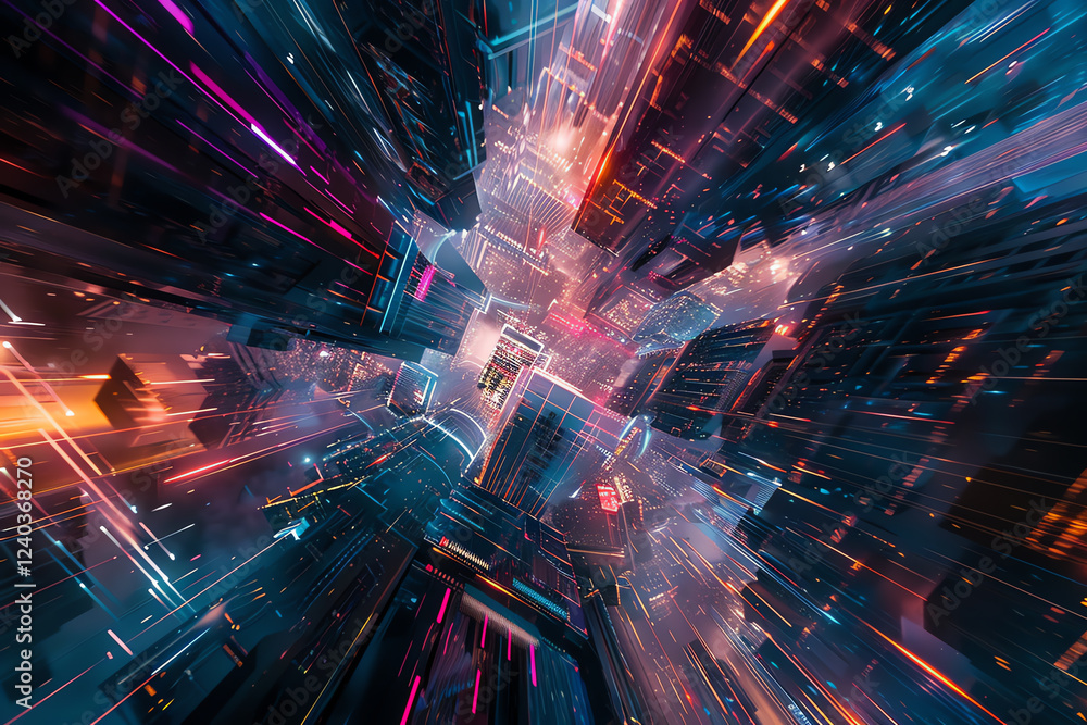 Poster capture the intricacies of futuristic technologies in a birds-eye view using abstract art techniques