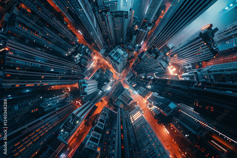 Poster capture the intricacies of futuristic technologies in a birds-eye view using abstract art techniques