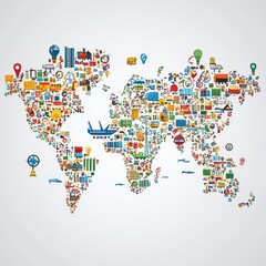 Obraz premium Colorful World Map with Symbols Representing Travel, Landmarks, Culture, Art, and Economy in a Vibrant Design