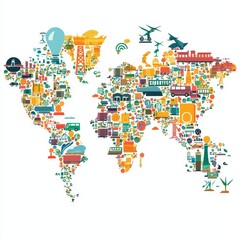 Colorful Illustration of World Map with Iconic Landmarks, Transportation, and Cultural Elements Representing Global Diversity