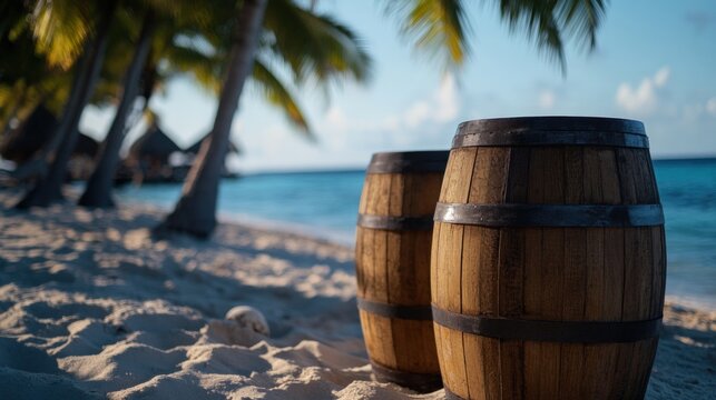 Wooden Barrels on a Tropical Beach Paradise