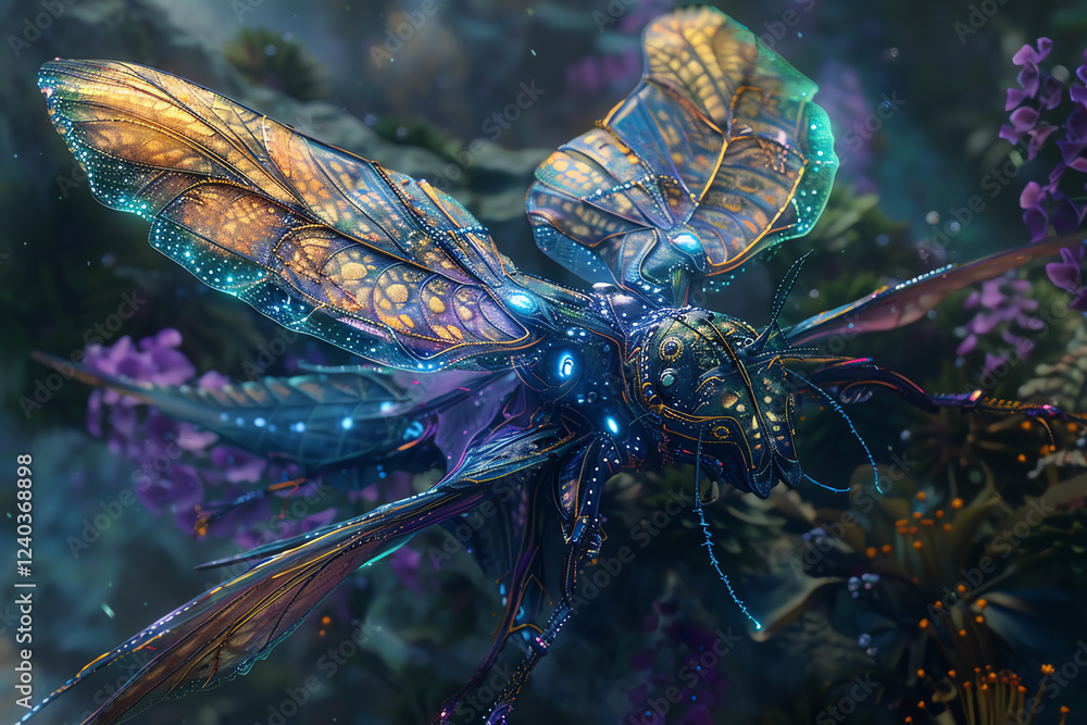 Poster capture the majestic kingdom of robotic fairytale creatures from a birds-eye view, using photorealis