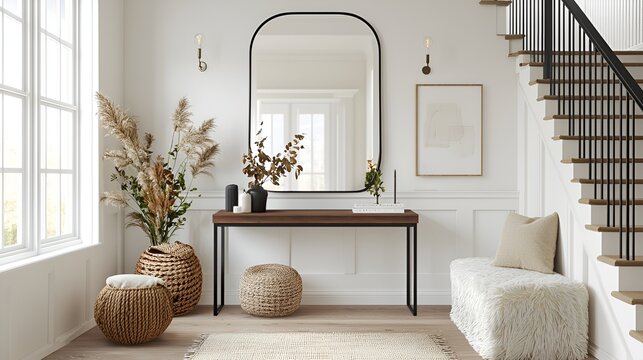 Modern entryway with console table, mirror, and stairs