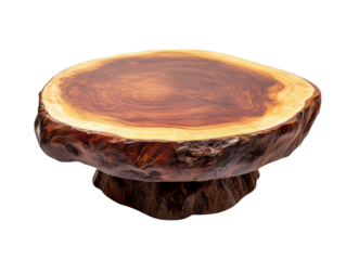 A rustic wooden table is crafted from a tree trunk slice showcasing natural wood grain and texture.
