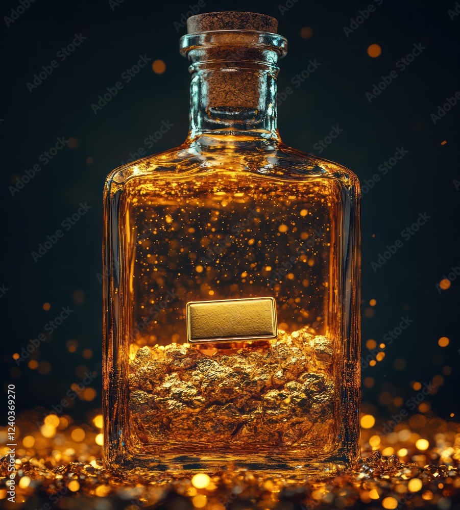 Poster glass bottle filled with shimmering gold particles and a golden bar surrounded by glittering details