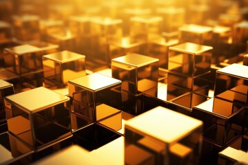 Golden cubes reflecting light abstract art digital background modern design close-up view luxurious concept