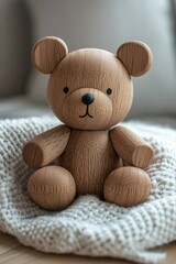 Fototapeta premium Wooden teddy bear on knitted blanket in cozy atmosphere