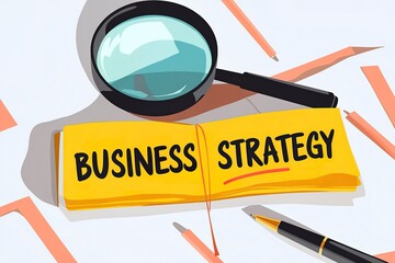 Business strategy text on yellow notepad with magnifying glass and pen on white background