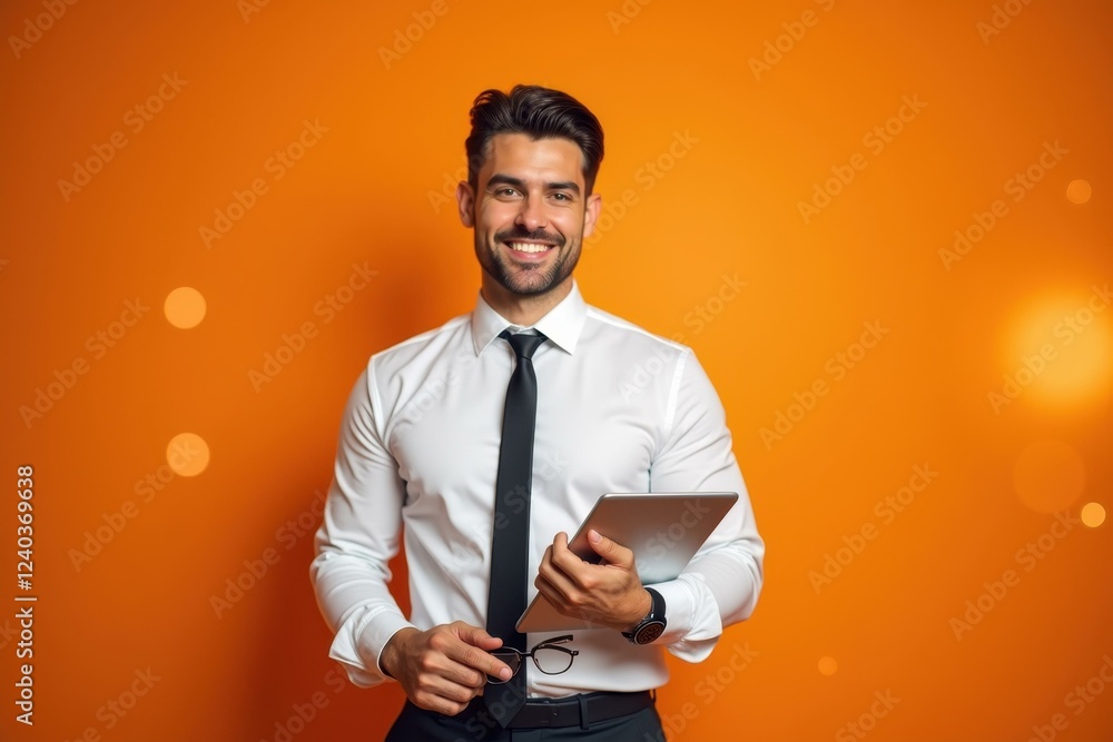 Poster man is smiling while holding tablet computer in his hands