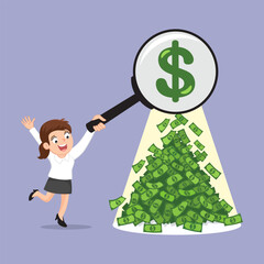 Businesswoman using magnifying glass to find money. Dollar signs with piles of money. Business Finance. Flat, Vector, Illustration, Cartoon, EPS10. 