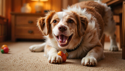 Playful dog with a chew toy, happily laying on the carpet indoors.
