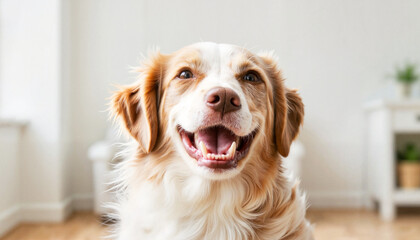 Happy dog sitting by the door, eagerly waiting with a cheerful expression.