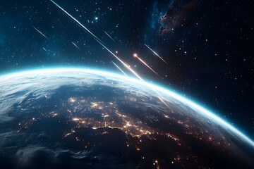 Obraz premium Stunning View of Earth with Bright Meteor Shower Above Nightlights