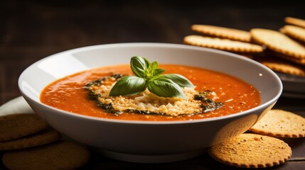 Soup it Forward Day Creamy tomato soup with pesto garnish and crackers