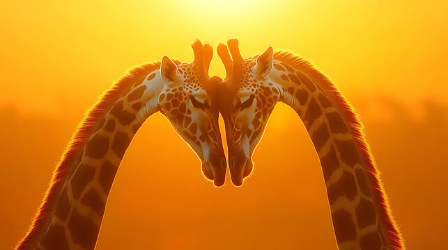 Two giraffes are gently resting their heads together, their long necks gracefully curved