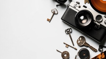 Vintage camera and keys on white background with copy space National Old Stuff Day