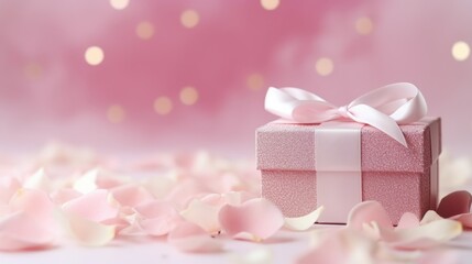 Fototapeta premium Pink gift box with white ribbon on petal background