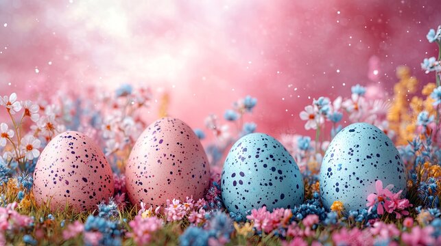 Colorful easter eggs among flowers spring garden digital wallpaper bubblegum pink background abstract style for festive decor