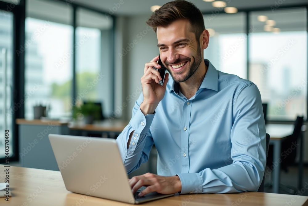 Aufkleber man is smiling while talking on phone and using his laptop