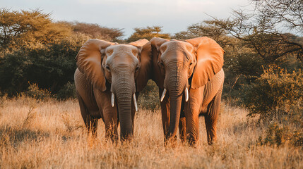 Two majestic elephants standing in a sunlit grassland