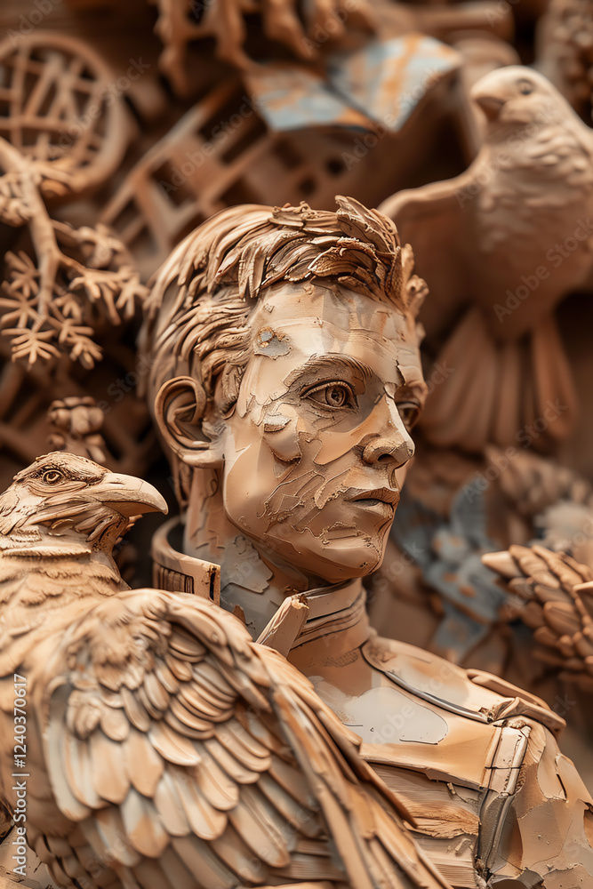 Poster craft a clay sculpture incorporating elements of birds-eye view scenery and blockchain symbols utili