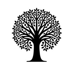 Obraz premium Tree of Life: A simple yet profound illustration of a fully-grown tree with a full canopy of leaves in a black and white silhouette, symbolizing growth, longevity, and the interconnectedness of life.
