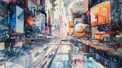 Craft a breathtaking watercolor panoramic view of a futuristic cityscape featuring DIY projects blending seamlessly with artificial intelligence breakthroughs