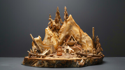 Craft a clay sculpture combining elements of a traditional camping scene with futuristic gadgets like levitating lanterns and laser-powered cooking apparatuses Capture the mystical aura from a low eye