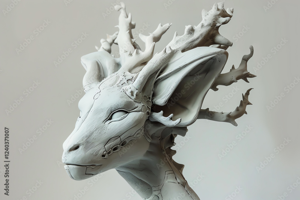Poster craft a clay sculpture that combines mythical creatures and futuristic elements, showcasing a unique