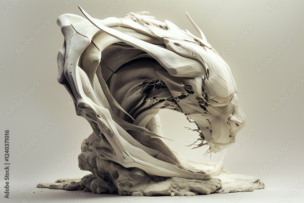 Poster craft a clay sculpture that combines mythical creatures and futuristic elements, showcasing a unique