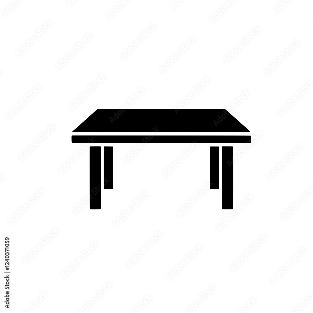 Poster simple table icon: a minimalist black silhouette of a simple table, isolated against a transparent b