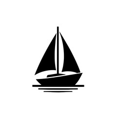 Sailboat Icon: A sleek, minimalist illustration of a sailboat on the water, perfect for nautical-themed designs and branding.  The simple, black silhouette evokes a sense of elegance and adventure. 