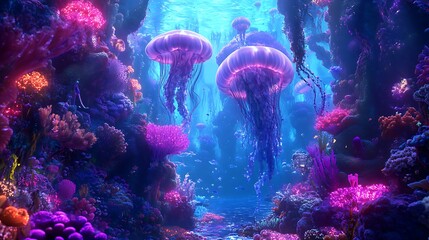 Bioluminescent Jellyfish in a Colorful Underwater Coral Reef