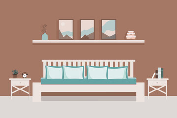 Modern bedroom interior with furniture. Empty bedroom concept. Vector flat graphic design illustration. Family bedroom in mocha mouse color