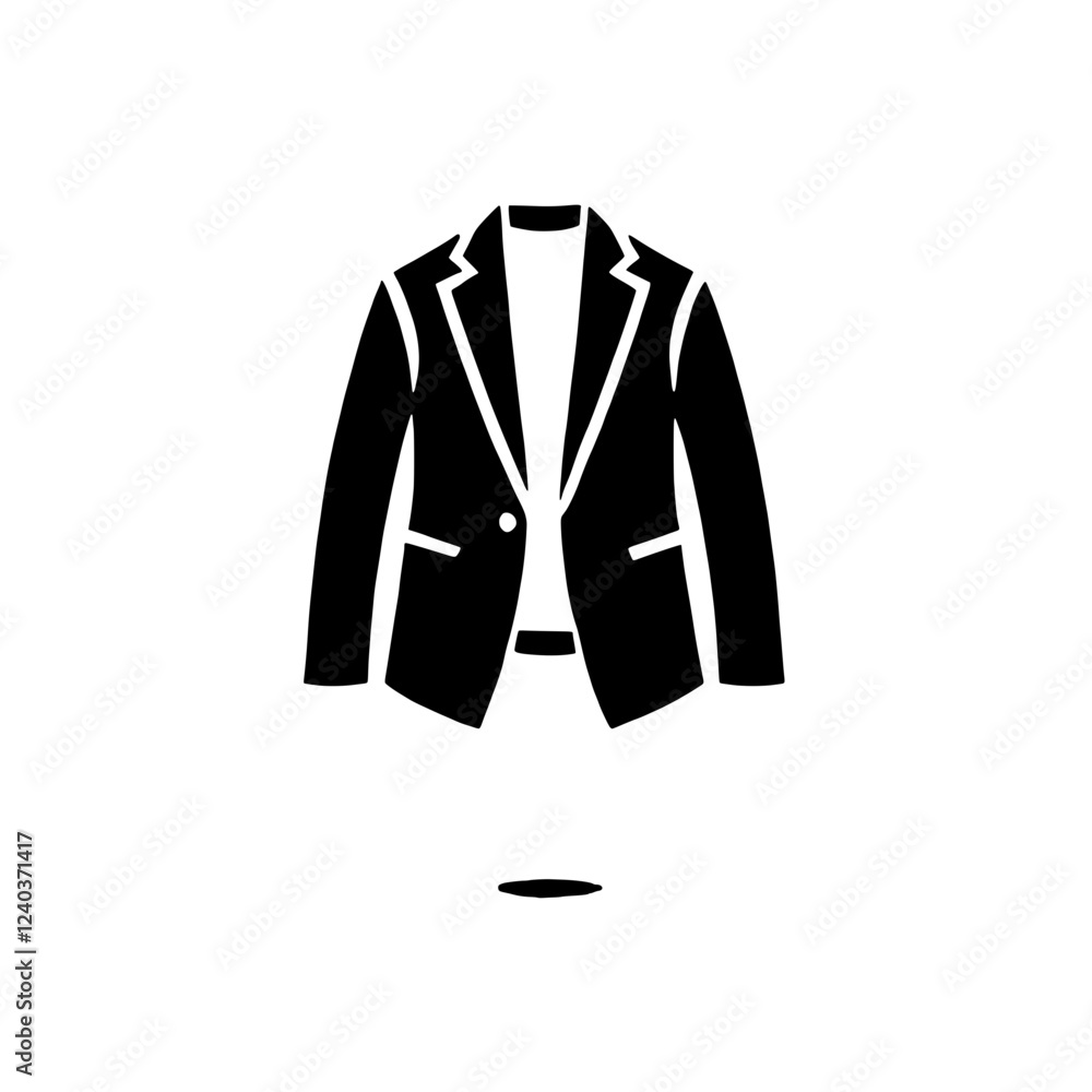 Poster blazer and trousers icon: a minimalist black and white icon depicting a blazer with a single button 