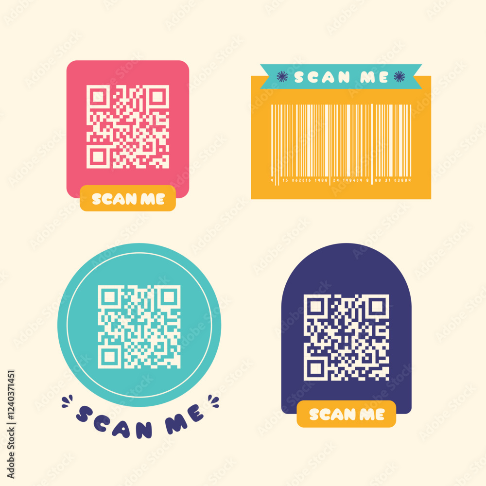 Wall mural fun colorful qr code color set featuring barcodes with scan me text. perfect for marketing, e-commer