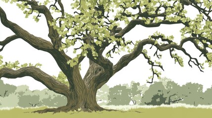 Fototapeta premium Majestic Oak Tree in a Serene Forest Landscape: A Captivating Artistic Depiction of Nature's Grandeur
