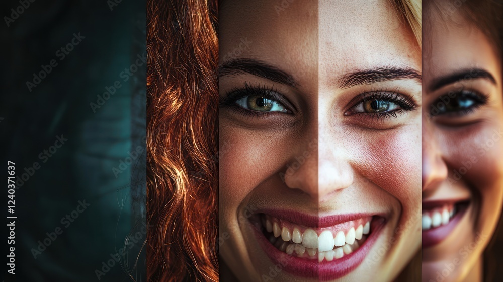 Poster a visual concept of jealousy with contrasting images of smiling and envy.