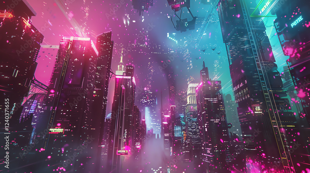 Poster craft a digital rendering capturing a birds-eye view of a dystopian cityscape consumed by robotic da